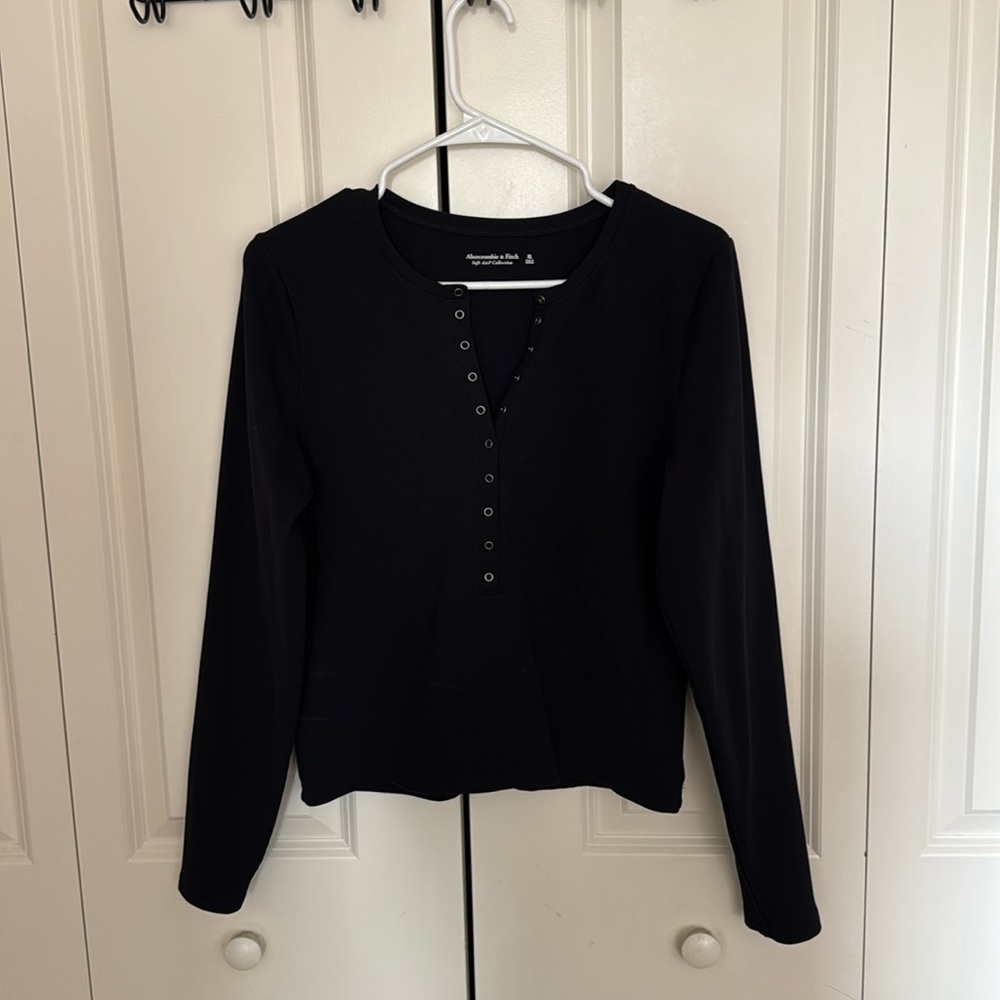 Ribbed Black Button Up Cotton Long Sleeve Top